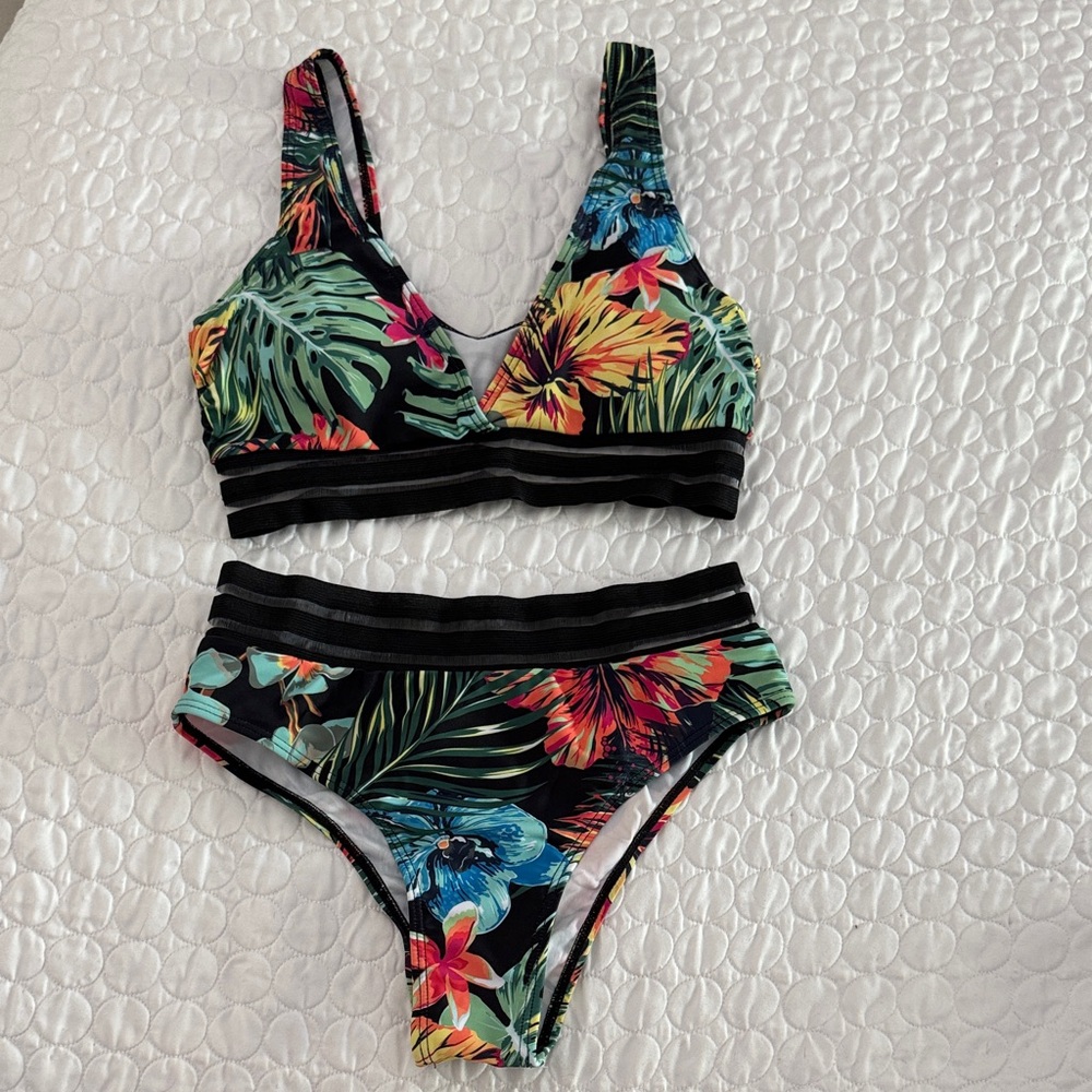 Women small Tropical Floral high waist Bikini Set sheer stripes v neck top